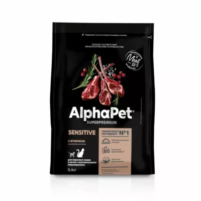 AlphaPet Superpremium с ягненком для взрослых кошек с чувствительным пищеварением