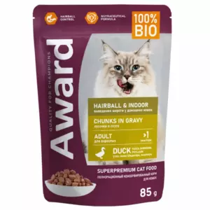 Award Hairball & Indoor влажный корм для взрослых домашних кошек с уткой для выведения шерсти