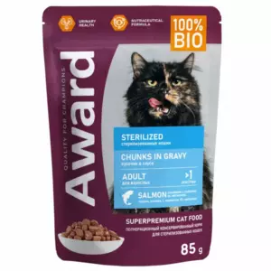 AWARD Sterilized влажный корм для взрослых стерилизованных кошек кусочки в соусе с лососем