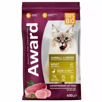 AWARD Hairball & Indoor сухой корм для взрослых кошек для выведения шерсти с уткой, индейкой и зеленой чечевицей