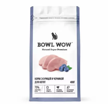 BOWL WOW Kitten Сухой корм для котят с курицей и черникой, высокое содержание белка, для правильного развития