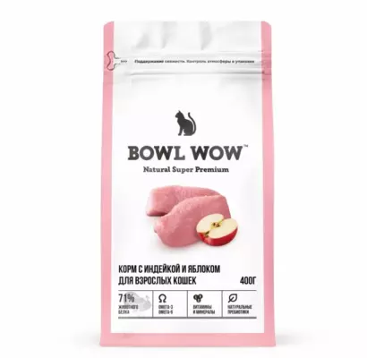 BOWL WOW Adult Сухой корм для взрослых кошек с индейкой и яблоком, контроль веса и поддержка пищеварения