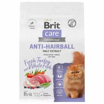 Brit Care Anti-Hairball со свежей индейкой и белой рыбой для взрослых кошек для вывода шерсти