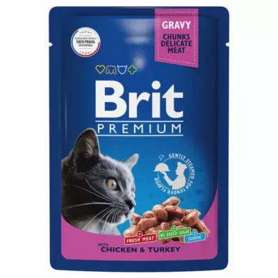 Brit Premium Пауч для взрослых кошек с цыпленком и индейкой в соусе