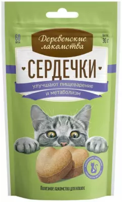 Деревенские лакомства «Сердечки для улучшения пищеварения и метаболизма» сухое лакомство для взрослых кошек с курицей