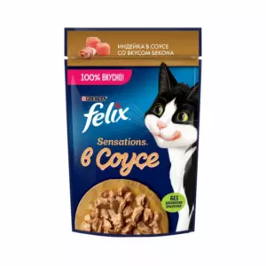 Felix Sensations для взрослых кошек с индейкой в соусе со вкусом бекона
