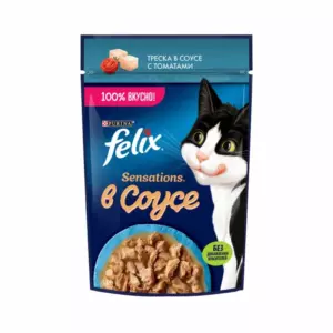 Felix Sensations влажный корм для взрослых кошек с треской в соусе с томатами