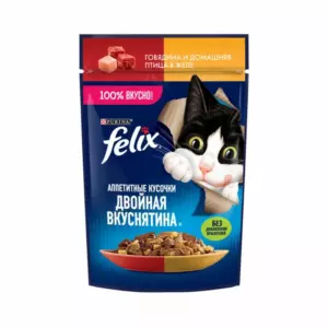 Felix Аппетитные кусочки Двойная вкуснятина для взрослых кошек с говядиной и домашней птицей в желе