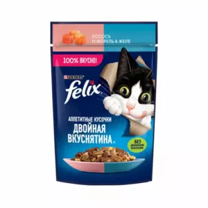Felix Аппетитные кусочки Двойная Вкуснятина для взрослых кошек с лососем и форелью в желе