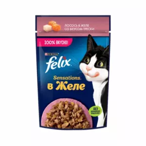 Felix Sensations Влажный корм для взрослых кошек с лососем и треской в желе