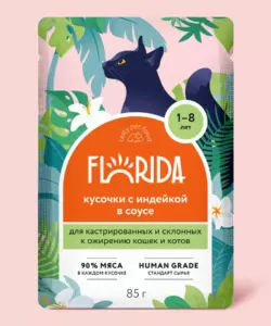 Florida Паучи для кастрированных и склонных к ожирению кошек: кусочки с индейкой в соусе