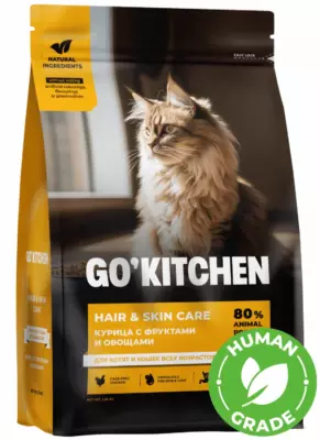 GO’KITCHEN Hair+Skin Care Chicken Recipe — Сухой корм для котят и кошек всех возрастов с курицей, фруктами и овощами для здоровья кожи и шерсти