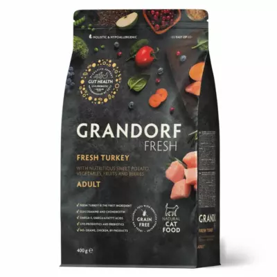 Grandorf Fresh Cat Adult Turkey & Sweet Potato беззерновой сухой корм с живыми пробиотиками для взрослых кошек с индейкой и бататом