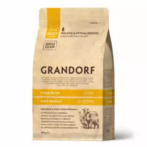 Grandorf Adult Sterilised 4 Meat с пробиотиками сухой корм для стерилизованных кошек с индейкой, уткой, кабаном и ягненком