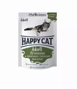 Happy Cat Premium Влажный корм для взрослых кошек с ягненком, телятиной и зеленой фасолью в желе