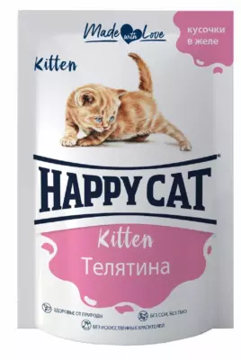 Happy Cat Kitten Телятина в желе — влажный корм для котят с кусочками телятины и пребиотиком