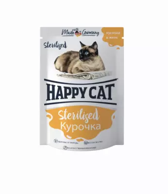 Happy Cat Sterilized Курица для стерилизованных кошек, кусочки в желе, влажный корм