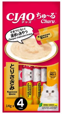 Inaba CIAO Churu Куриное филе — лакомство-пюре для взрослых кошек с экстрактом зеленого чая