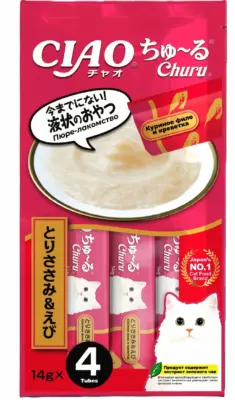 Inaba Ciao Churu Лакомство-пюре для кошек с куриным филе и креветкой
