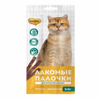 Мнямс Лакомые палочки с цыпленком и печенью для взрослых кошек всех пород