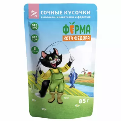 Мнямс Ферма кота Фёдора влажный корм для взрослых кошек с лососем, креветками и форелью