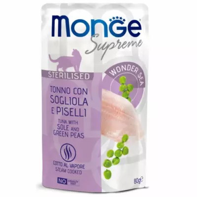 Monge Supreme Sterilized Cat для стерилизованных кошек с тунцом, желтоперой камбалой и зеленым горошком