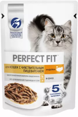 Perfect Fit Sensitive для взрослых кошек с чувствительным пищеварением, с индейкой в соусе