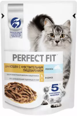Perfect Fit Влажный корм для взрослых кошек с чувствительным пищеварением с лососем в соусе