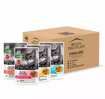 PRO PLAN Sterilised влажный корм для стерилизованных кошек с говядиной, курицей, уткой и океанической рыбой в соусе