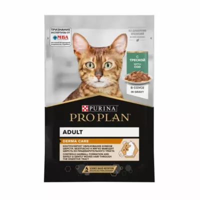 PRO PLAN DERMA CARE влажный корм для взрослых кошек для здоровья кожи и шерсти с треской в соусе