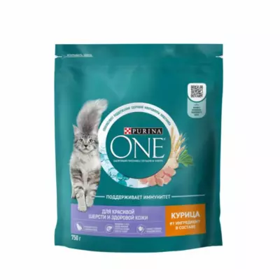 Purina ONE для взрослых кошек с курицей и злаками для красивой шерсти и здоровой кожи