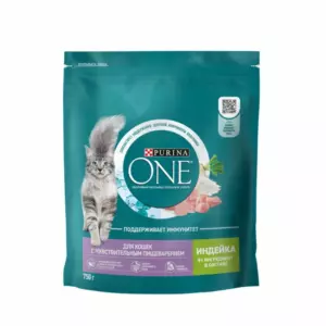 Purina ONE для взрослых кошек с чувствительным пищеварением и разборчивым вкусом, с индейкой и рисом