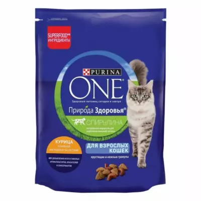 Purina ONE Природа Здоровья сухой корм для взрослых кошек с высоким содержанием курицы и спирулиной