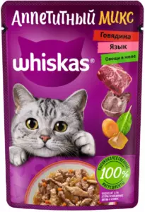 Whiskas Аппетитный микс для взрослых кошек с говядиной, языком и овощами в желе