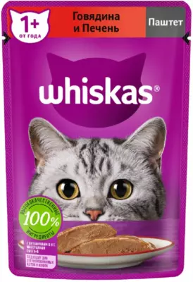 Whiskas паштет с говядиной и печенью для взрослых кошек