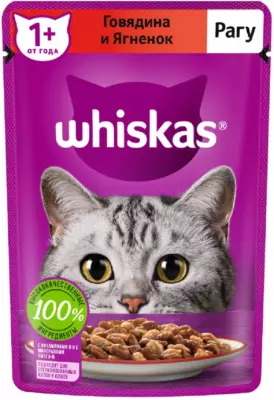 Whiskas Влажный корм для взрослых кошек, рагу с говядиной и ягненком