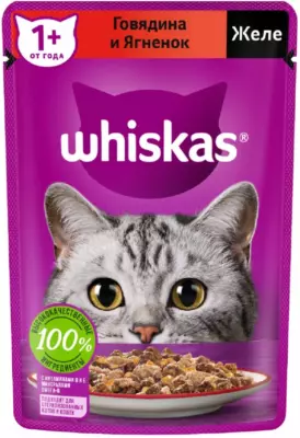 Whiskas Влажный корм для взрослых кошек, желе с говядиной и ягненком
